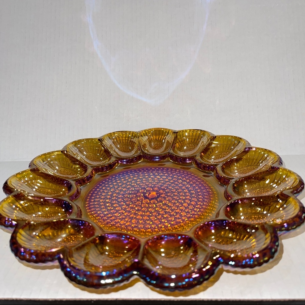 Hobnail Amber Carnival by Indiana Glass 11" Deviled Egg 15 Egg Serving Platter - Picture 3 of 7